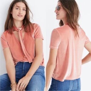 Madewell Peach Velvet Tie Neck Short Sleeve Top